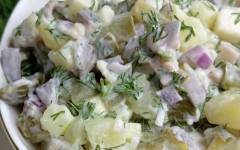 Салат с селёдкой, картошкой, солеными огурцами, яблоком и луком