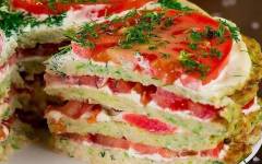 Закусочный торт из кабачков с помидорами, чесноком и сыром