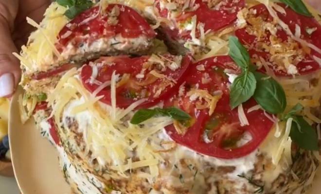 Кабачковый торт с помидорами, сыром, мукой и творожным сыром рецепт