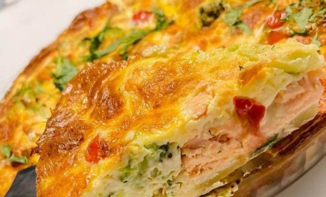 Пирог Киш с сёмгой, брокколи, томатами черри сыром и сливками рецепт