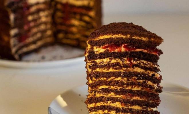 Торт Медовик шоколадный с вишней и кремом из сметаны и сгущенки рецепт