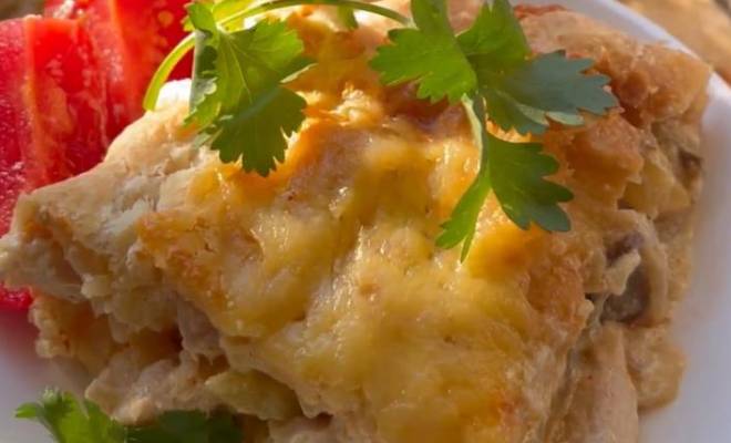 Пирог жульен с курицей, грибами, сыром, картошкой и сливками рецепт
