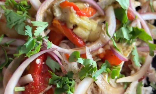 Видео Салат с печеными перцами, баклажанами и куриным филе рецепт