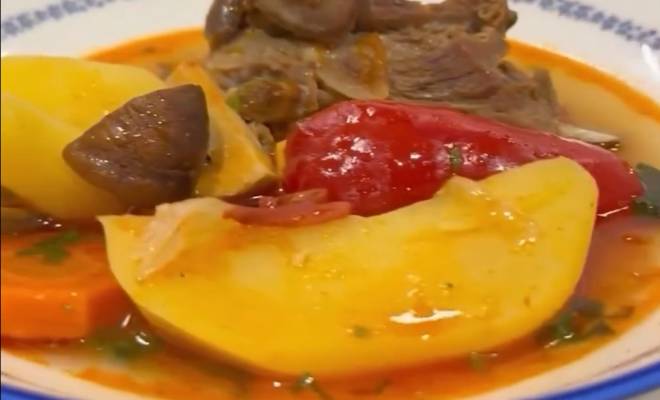 Видео Суп-жаркое с мясом, овощами и шампиньонами рецепт